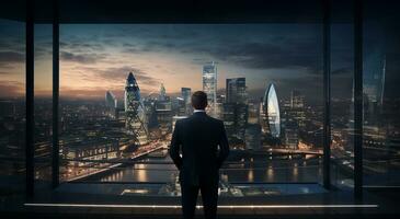 AI generated a businessman looking out over a city from a window photo