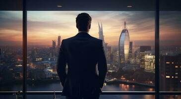AI generated a businessman looking out over a city from a window photo
