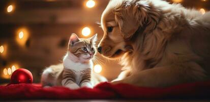 AI generated a cat and dog are kissing on christmas photo