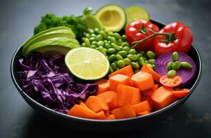 ai generado un cuenco es lleno con Tomates, zanahorias y chícharos foto