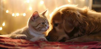 AI generated a cat and dog are kissing on christmas photo