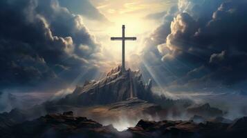 AI generated a cross on an island with clouds surrounding it and the sun behind it photo