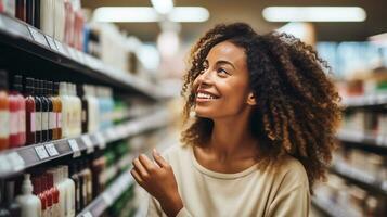 ai generado un hermosa Moda mujer comparando productos en un tienda de comestibles Tienda foto