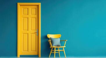 AI generated a blue and yellow door and chair against a blue wall photo