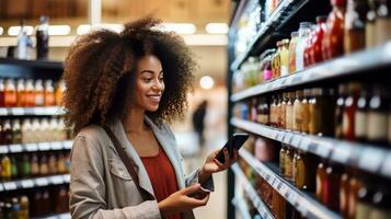 ai generado un hermosa Moda mujer comparando productos en un tienda de comestibles Tienda foto