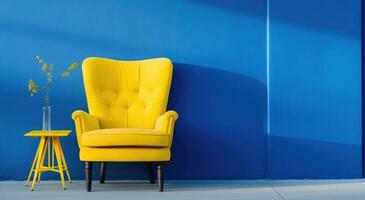 ai generado un azul y amarillo puerta y silla en contra un azul pared foto