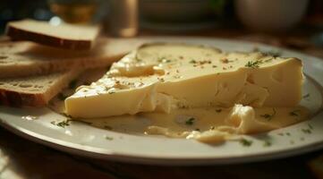 ai generado un cerca arriba de un plato de queso foto