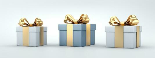 AI generated gold boxes on grey background with bow gift idea in white photo