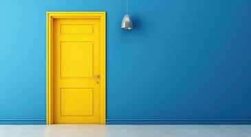 AI generated bright yellow door sits on a blue wall photo