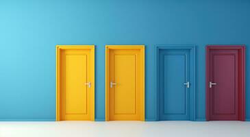 AI generated bright yellow door sits on a blue wall photo