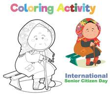 Easy and simple colouring page for kids. A grandmother sitting on a bench and holding a cane stick vector