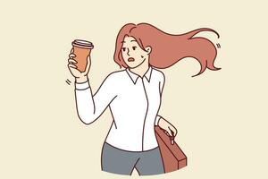 Late woman office clerk runs with coffee in hands to be on time for corporation meeting with boss. Late girl with glass and business briefcase is trying to catch up with departing bus vector