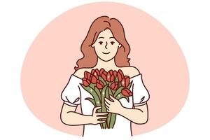 Portrait of smiling woman holding flowers in hands. Happy girl with bouquet feeling happy celebrating birthday anniversary. Vector illustration.