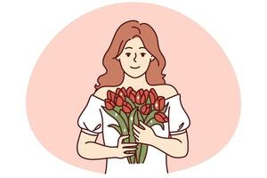 retrato de sonriente mujer participación flores en manos. contento niña con ramo de flores sensación contento celebrando cumpleaños aniversario. vector ilustración.