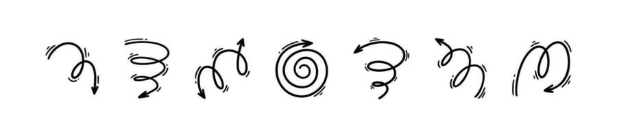 Doodle spiral arrow set. Hand drawn swirl, twirl, loop, whirlpool. Sketch squiggle curve lines, loop, swooshes. Bounce motion comic effect vector