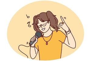 Happy girl have fun singing in microphone in karaoke. Smiling child enjoy leisure time sing song in mic in club. Entertainment and hobby. Vector illustration.