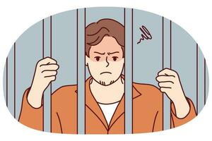 Unhappy man in robe behind bars in jail. Angry male criminal imprisoned for crime or misdemeanor. Imprisonment and sentence. Vector illustration.