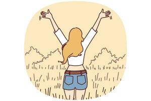 Back view of woman stand in field with hands raised excited with good day. Overjoyed girl enjoy mental health and recovery. Vector illustration.