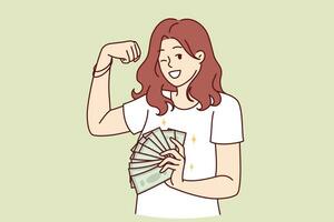 Rich woman with cash money in hands shows biceps and winks, offering to earn well. Girl holds money earned on investments and recommends developing own business that brings good profits and dividends vector