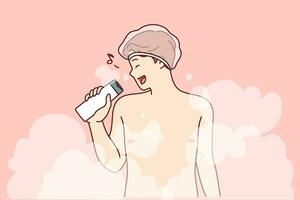 Naked man sings in shower using shampoo instead of microphone and stands in puffs of steam. Guy taking bath sings and pretends to be visitor to karaoke club, enjoying spa treatments vector