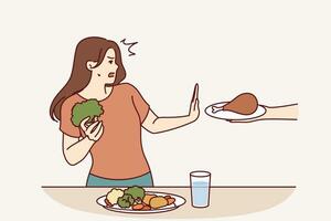 Vegetarian woman refuses meat and makes stop gesture in fear while eating fresh vegetables. Vegetarian girl says no to person offering junk high-calorie food and leads healthy lifestyle vector