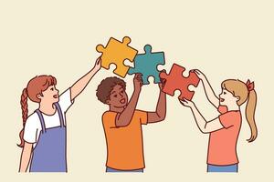 Diverse kids hold puzzle pieces as together solve problem together and demonstrate teamwork in learning process. Friendly multiethnic kids learn communication and collaboration to achieve goals vector