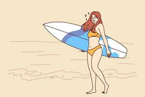 Woman surfer dressed in bikini walks along beach with surfboard and enjoys summer trip to tropical island. Surfer girl in bathing clothes smiles, walking on ocean and calls to go on trips and surf vector