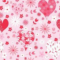 Seamless pattern with hearts and flowers in pink tones. Floral design for Valentine's Day. vector