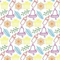 Christmas and New Year background with winter elements. Gift, Christmas tree branch, bell, snowflake, candle. Pattern on the swatch panel. vector