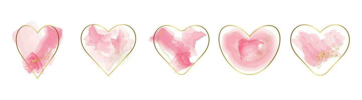 Set of frames of pink and gold hearts on a white background. vector