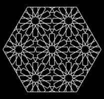 Hexagonal islamic pattern. White outline hexagonal texture on black background. Arabic design element. vector