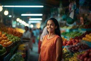 AI generated A woman exploring a fruit aisle at a market photo