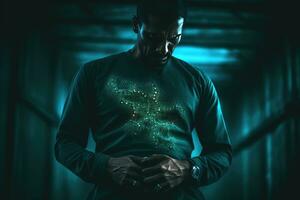 AI generated A Man with a Glowing Image on His Shirt, Captured in a Blue-Tiled Room photo