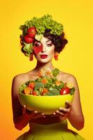 ai generado Fresco y sano - un hermosa modelo sostiene un cuenco de nutritivo vegetales foto