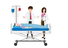 A male doctor and a female doctor analyze the condition of a patient's broken bone and need urgent surgery. Vector illustration