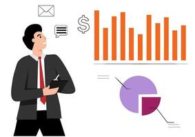 Manager presents analysis charts, statistical, financial and strategic reports, data analysis research. vector