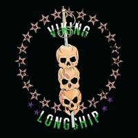 Viking longship. T-shirt design of three skulls skewered by a medieval sword. Satanic circle of stars. vector