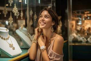 AI generated A woman appreciating jewelry in a store photo