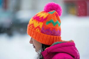 ai generado un hembra en rosado sombrero, en pie en el nieve foto