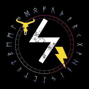 diseño para un camiseta con rúnico letras llamado sowilo a lo largo con un con cuernos animal y un rayo símbolo. antiguo alfabeto en circular diseño vector