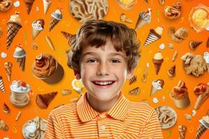 AI generated Happy young boy surrounded by a plethora of ice cream cones photo