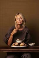 ai generado hermosa rubia mujer disfrutando un comida con múltiple platos de comida y un taza foto