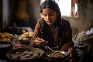 ai generado un niña en un marrón vestir es Cocinando y decorando galletas en su cocina foto