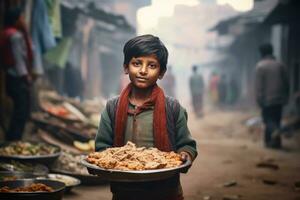 AI generated A young boy offering a tray of food in a poor area photo