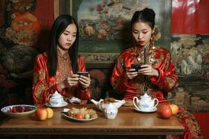 AI generated Two Women in Traditional Chinese Clothing Engaging in Modern Activities photo
