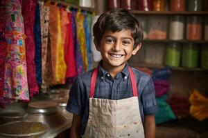 ai generado un joven chico con un sonrisa, trabajando en el de familia tela tienda foto