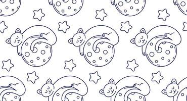 Seamless pattern with sleeping cats on the moon. Vector background in line art style, doodle illustration.