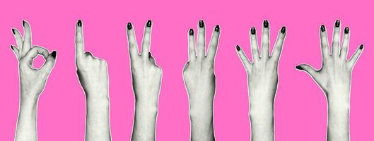 Set of female hands in retro collage style. Women's hands count the icons. Gesture calculation, different finger numbers, interactive communication signs. vector