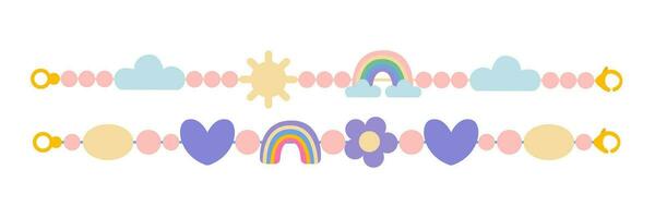 Cute trendy bracelets with clouds and rainbow beads flat vector set