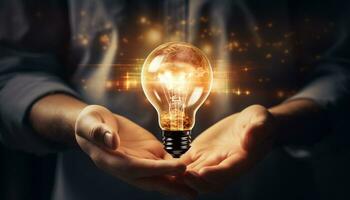 AI generated Glowing light bulb with energy resources photo